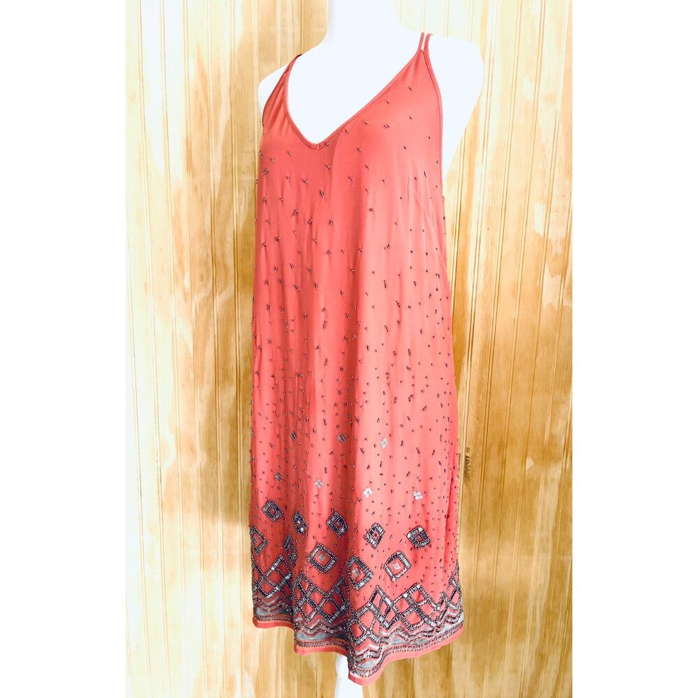 White House Black Market slip dress beaded sequins party coral fairy women M